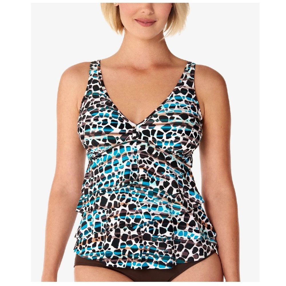 Swim Solutions Print V-Neck Ruffled Tankini Top